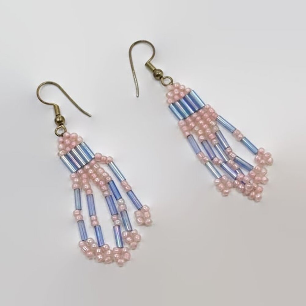 Beaded Earrings, Dangles, Pink, Blue, Glass Seed Beads, Vintage, 2 1/2" Long